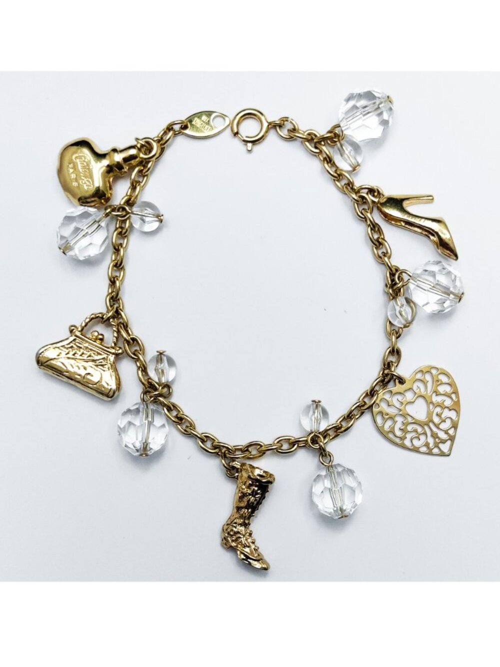 Vintage Signed 80s Trifari Gold Plated Charm Bracelet Paris Perfume Purse Shoe